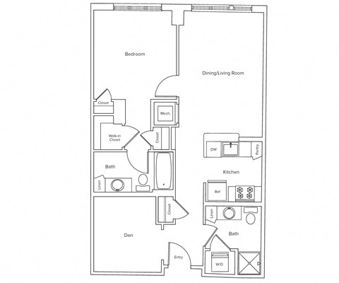 Floor plan for 1 bed, 2 baths, 816 sqft
